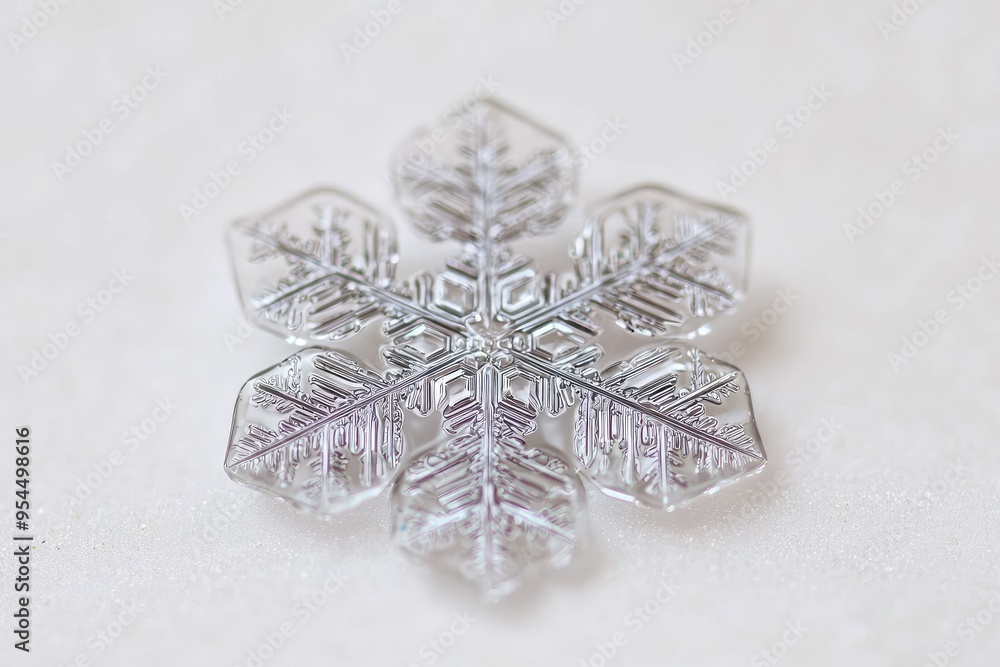 Fototapeta premium A delicate, transparent snowflake ornament with intricate details resting on a soft surface, capturing the beauty of winter.