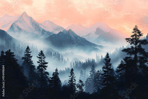 Stunning view of mountains covered in mist against a backdrop of soft pink and blue skies. The trees in the foreground are silhouetted against the misty sky