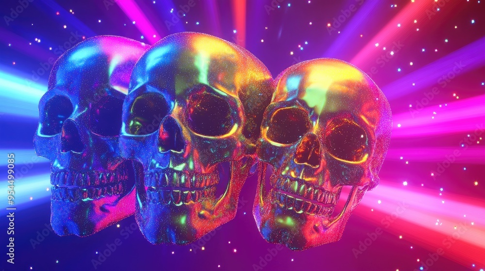 Three luminous skulls set against a vibrant neon rainbow backdrop Three luminous skulls set against a vibrant neon rainbow backdrop