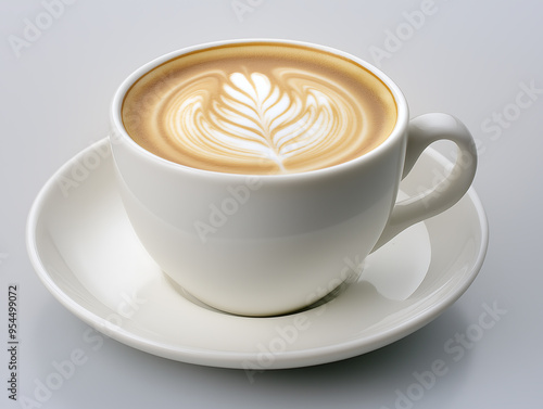 A Hot coffee latte in a white ceramic cup on white background