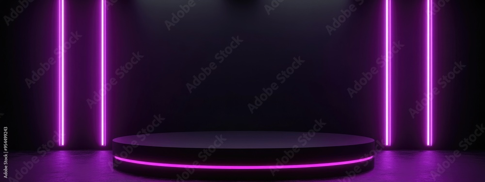Futuristic black podium illuminated by purple neon lights showcasing an empty product display 3D rendering Futuristic black podium illuminated by purple neon lights showcasing an empty product display 3D rendering