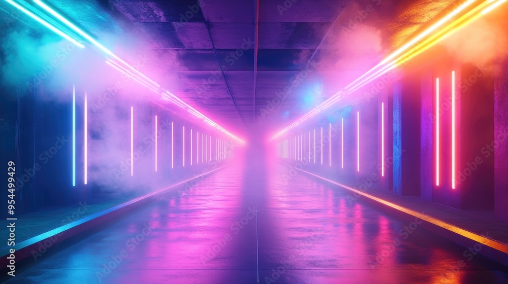Vibrant underground hallway with colorful smoke and neon lights featuring glowing beams and a dynamic laser show in a 3D rendered illustration Vibrant underground hallway with colorful smoke and neon lights featuring glowing beams and a dynamic laser show in a 3D rendered illustration