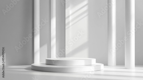 Minimalistic illustration of a 3D geometric podium in white color with sleek design elements