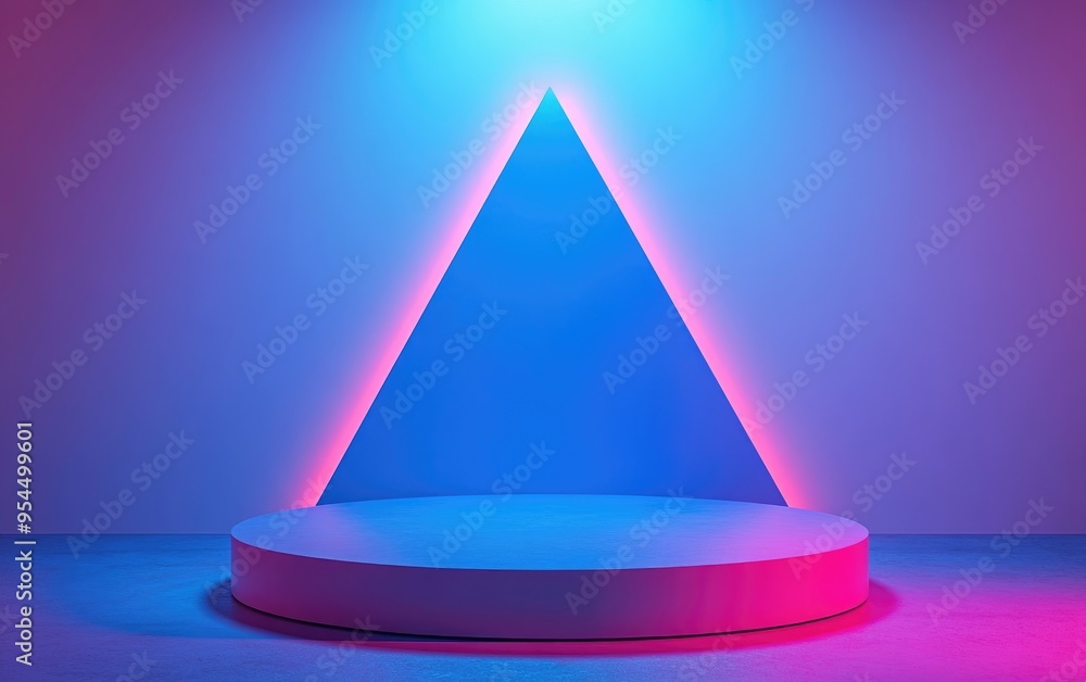 Blue podium against a pink abstract triangular backdrop Empty showcase mockup featuring a round stage Abstract geometric background Display stage for product advertisement with ample copy space 3D Blue podium against a pink abstract triangular backdrop Empty showcase mockup featuring a round stage Abstract geometric background Display stage for product advertisement with ample copy space 3D