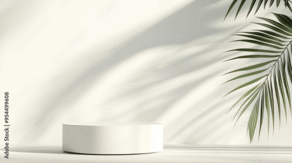 White blank cylindrical podium or pedestal for product display with palm leaf shadows Summer theme 3D render White blank cylindrical podium or pedestal for product display with palm leaf shadows Summer theme 3D render