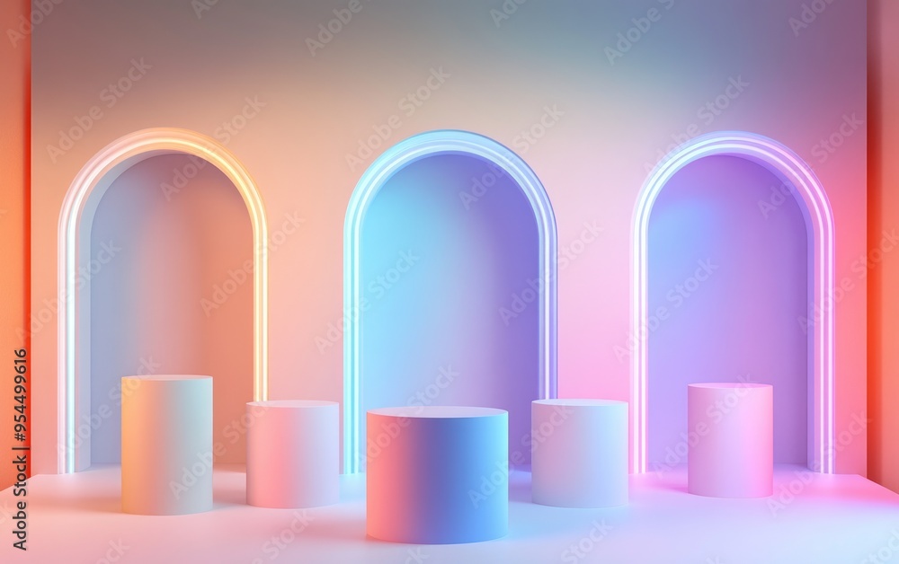 Abstract 3D podium and cylinder pedestal arrangement with a pastel minimalist wall background for showcasing cosmetic products Abstract 3D podium and cylinder pedestal arrangement with a pastel minimalist wall background for showcasing cosmetic products