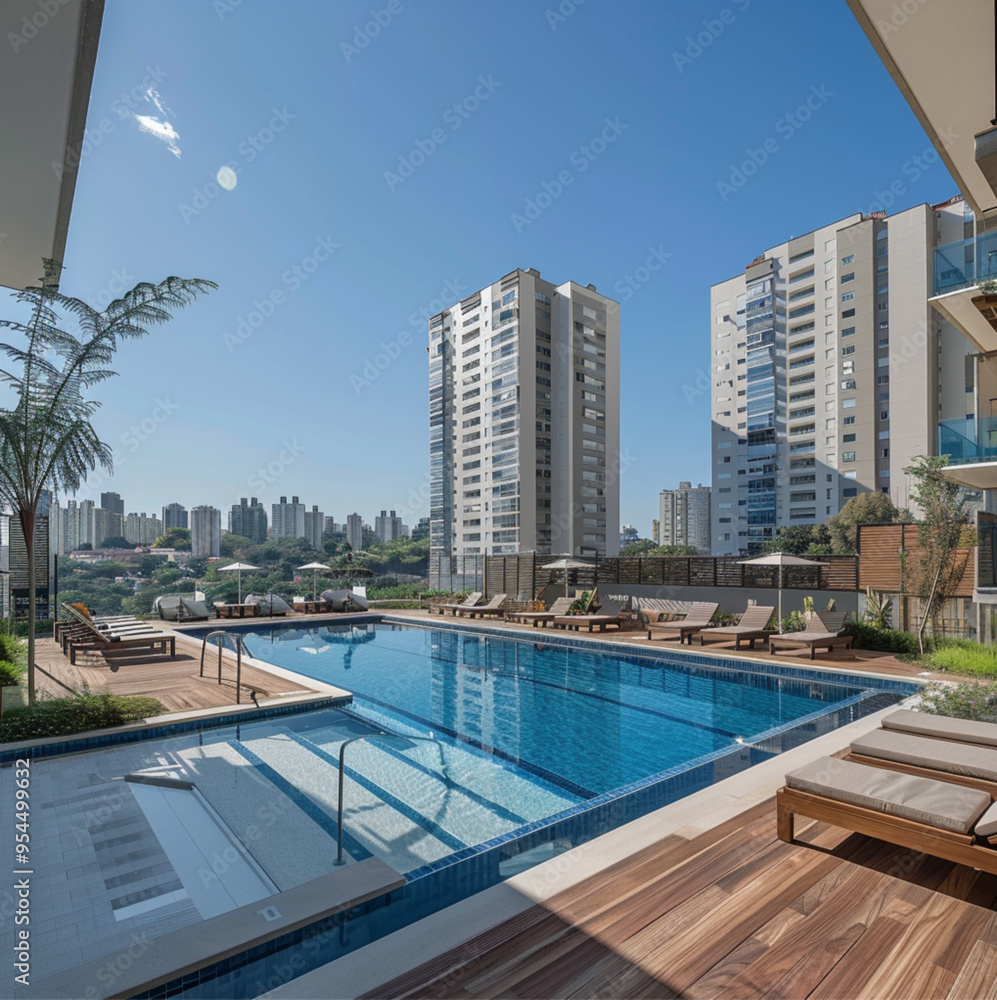 a swimming pool in an open area, and the pools shape is a rectangular, and the surrounding area of the swimming pool is wooden style, is filled with towers. a swimming pool in an open area, and the pools shape is a rectangular, and the surrounding area of the swimming pool is wooden style, is filled with towers.