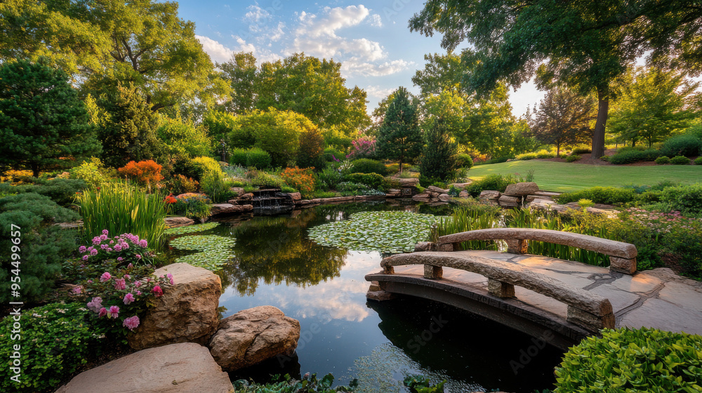 Fototapeta premium Japanese Garden Pond with Stone Bridge