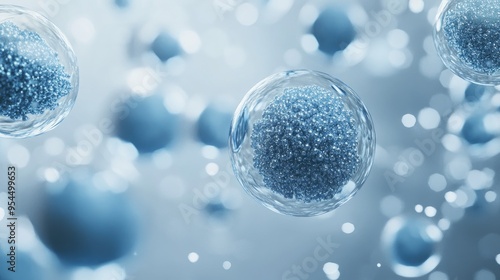 Floating blue bubbles on a grey backdrop creating an abstract design of spheres and particles Ideal for showcasing cosmetic products with a focus on beauty and health vitamins 3D rendering