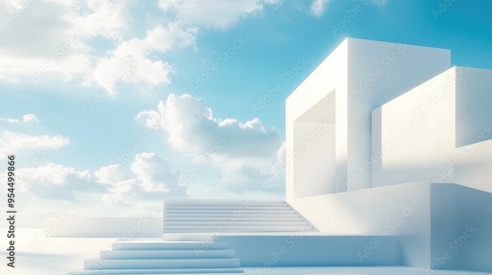 Surreal 3D render featuring minimal white architecture geometric shapes and an abstract futuristic design set against a blue sky with clouds and ample copy space Surreal 3D render featuring minimal white architecture geometric shapes and an abstract futuristic design set against a blue sky with clouds and ample copy space