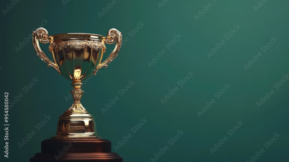 Shiny golden trophy cup displayed on a pedestal 3D rendering Shiny golden trophy cup displayed on a pedestal 3D rendering
