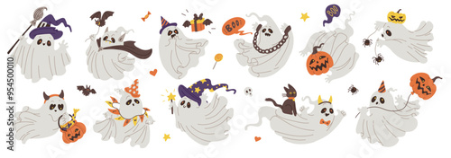 Cute spooky white ghost with Halloween decorations, pumpkin head basket with candies, witch hat and broom vector set