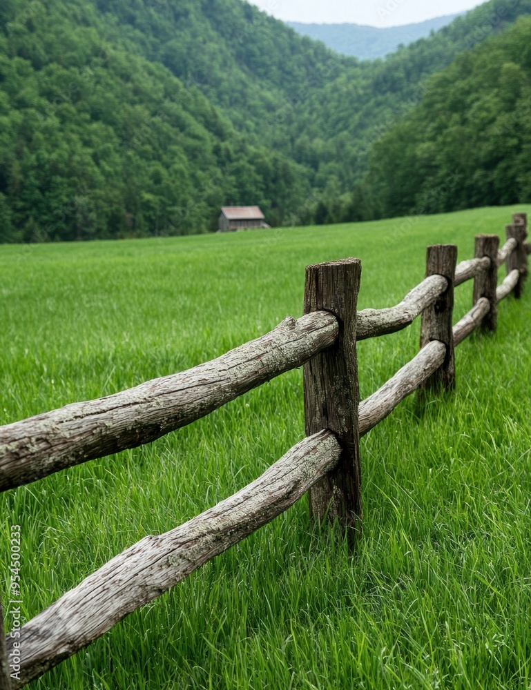 Fototapeta premium Rustic wooden fence in lush green meadow