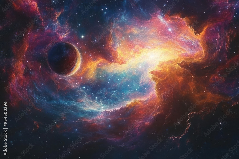 Cosmic Landscape with a Planet and Nebulas Cosmic Landscape with a Planet and Nebulas