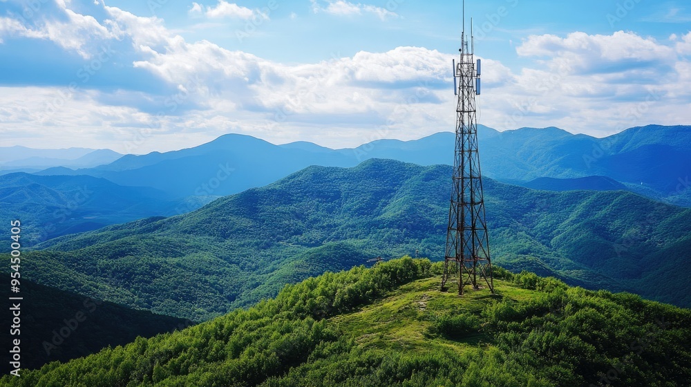 Signal tower on a hill in a rural area, mountain scenery in the background, representing communication in nature Signal tower on a hill in a rural area, mountain scenery in the background, representing communication in nature