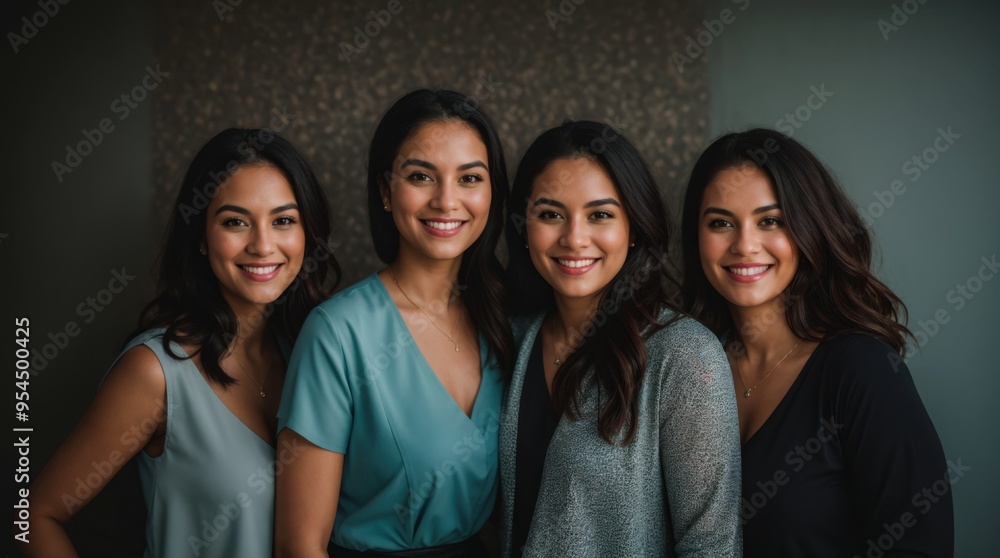 Fototapeta premium Smiling quartet of ladies in front of a patterned backdrop 
