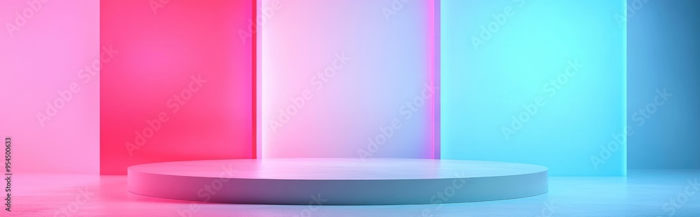 Pink minimalist backdrop with white flooring showcasing a product display stand in 3D render Pink minimalist backdrop with white flooring showcasing a product display stand in 3D render