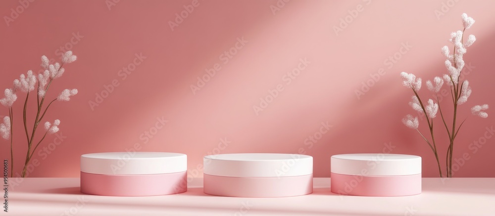 Three podium mockup backgrounds for showcasing cosmetic products 3D rendering Three podium mockup backgrounds for showcasing cosmetic products 3D rendering