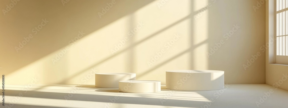 Minimalist Composition of Three White Podiums for Product Presentation 3D Rendered Geometric Forms on a Soft Yellow Background with Right Side Window Illumination Minimalist Composition of Three White Podiums for Product Presentation 3D Rendered Geometric Forms on a Soft Yellow Background with Right Side Window Illumination