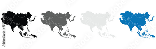Detailed Map of Asia with isolated countries.China, India, Japan, South Korea, Indonesia, Saudi Arabia, Iran, Turkey, Thailand, Malaysia, Vietnam, Pakistan, Philippines, Bangladesh, Israel.