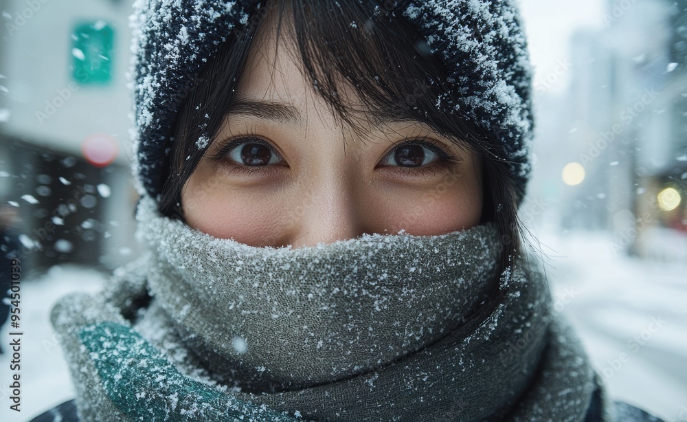 Closeup of a person's face bundled up in winter clothing Closeup of a person's face bundled up in winter clothing