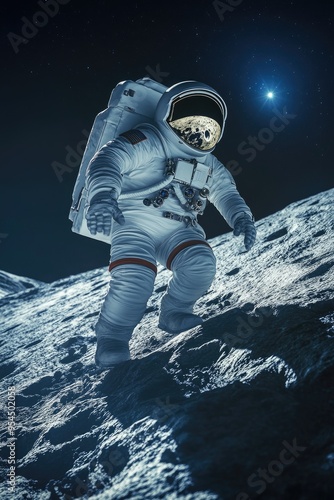 3D illustration of an astronaut exploring the lunar surface photo