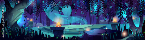 Night magic forest with stone arena landscape illustration. Fairy tale nature garden scene with enchanted meadow and firefly glow on Halloween. Ancient rock altar space in mystery greenery world