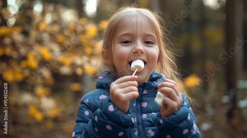 Happy Child Eating Marshmallow on Stick in Autumn Forest.