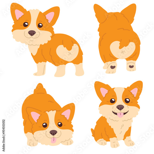Vector illustration set of cute doodle corgi dogs for digital stamp,greeting card,sticker,icon,design