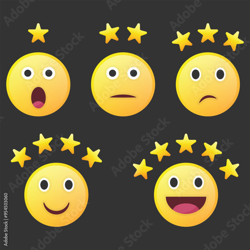 Icons with emoji faces and rating stars from 1 to 5. Set of customer experience icons isolated on black background