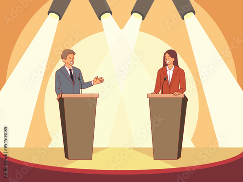Politicians on stage. Opponents debate behind wooden pedestals, public speech, speakers arguing, programs promotion, man and woman candidate meeting cartoon flat isolated vector concept