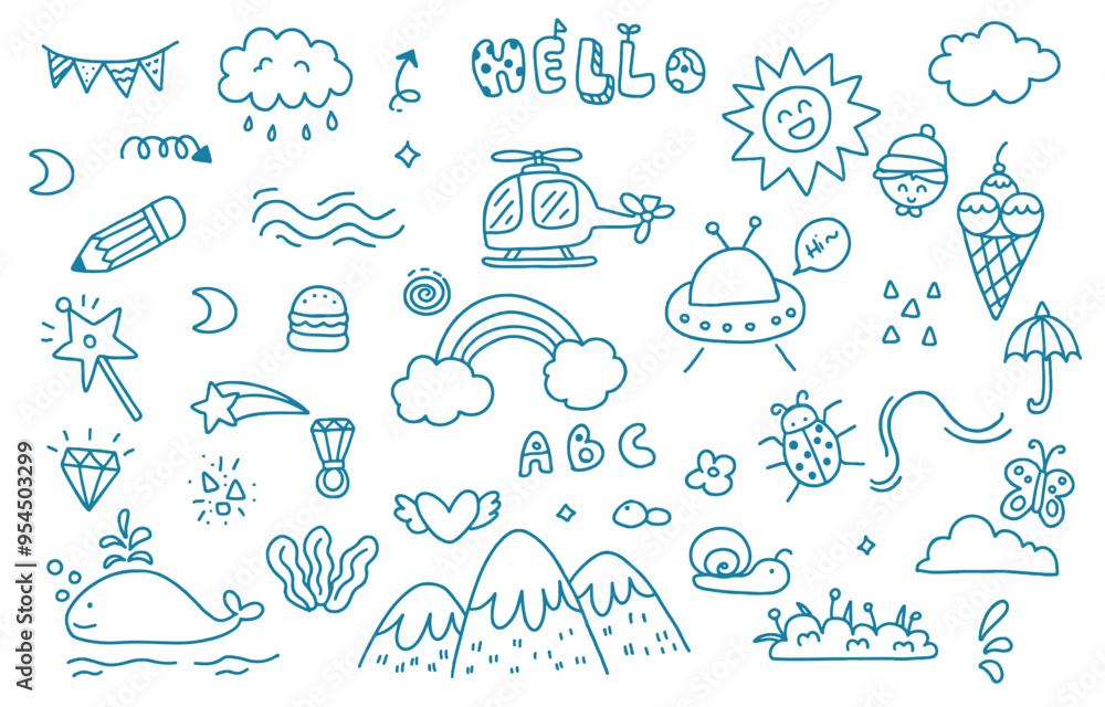 Fototapeta premium cute doodle element object with mountian,boy,sun for nursery school design