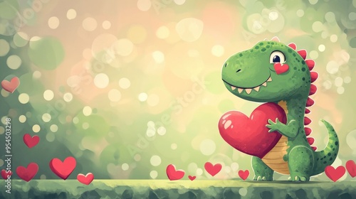 2D cartoon style digital illustration of a Valentine s Day card featuring an adorable green T Rex expressing love photo