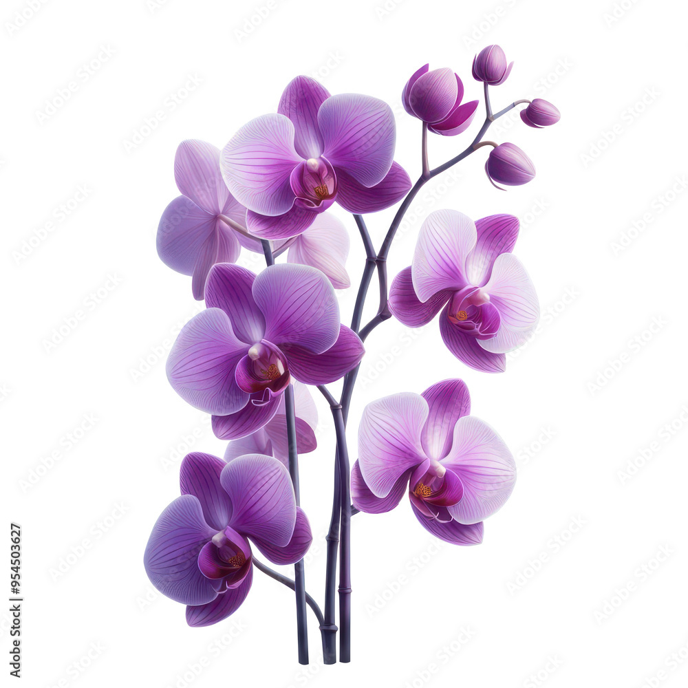 A branch of vibrant purple orchids isolated on transparent background, png image A branch of vibrant purple orchids isolated on transparent background, png image
