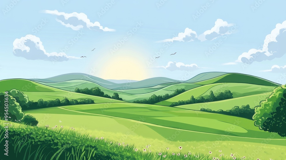 Obraz premium Cartoon illustration of a rural landscape featuring hills and fields in a serene countryside setting