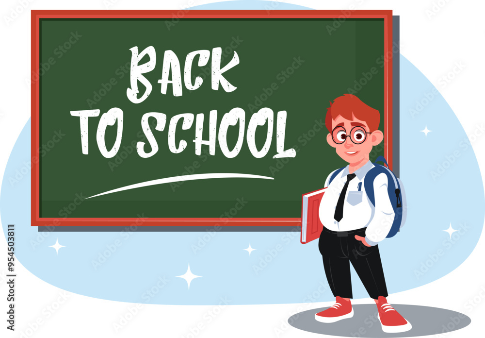 schoolboy standing next to a green blackboard that says back to school schoolboy standing next to a green blackboard that says back to school