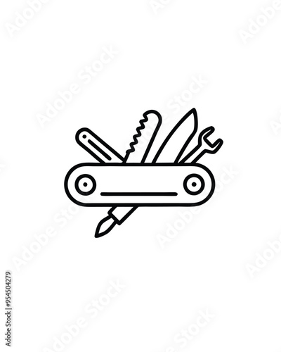 Editable stroke vector of a vintage pocket knife with a blade, saw, screwdriver, and wrench.