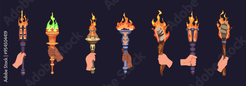 Human hands hold burning torches. Competition victory symbols, sport fires, ancient lighting ways, sport competition items, castle lights cartoon flat style isolated tidy vector set