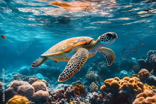 turtle swimming underwater on tropical clear water corals