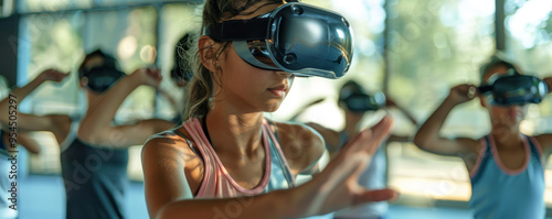 Young girl engaged in virtual reality workout, showing focus and determination. atmosphere is energetic and modern.