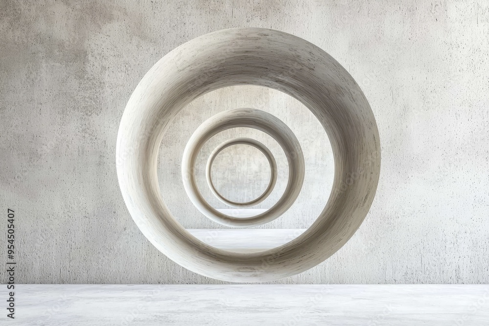 Abstract view of circular shapes in a minimalist concrete space, emphasizing depth and modern architectural design. Abstract view of circular shapes in a minimalist concrete space, emphasizing depth and modern architectural design.