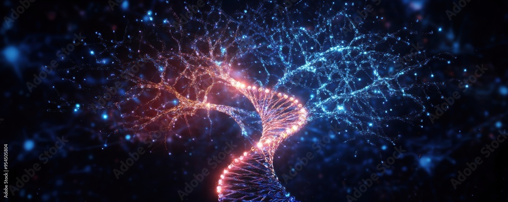 Tree of life with DNA strands as branches, representing the interconnectedness of all species through their genetic makeup, highlighting key aspects of biology, zoology, and genomics. Tree of life with DNA strands as branches, representing the interconnectedness of all species through their genetic makeup, highlighting key aspects of biology, zoology, and genomics.