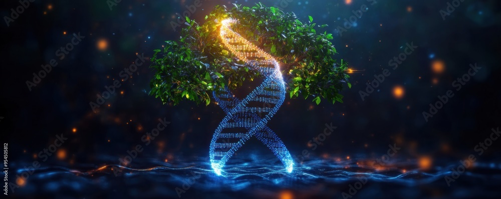 Tree of life with DNA strands as branches, representing the interconnectedness of all species through their genetic makeup, highlighting key aspects of biology, zoology, and genomics. Tree of life with DNA strands as branches, representing the interconnectedness of all species through their genetic makeup, highlighting key aspects of biology, zoology, and genomics.
