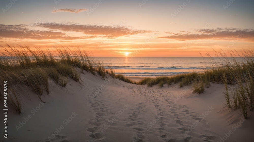 Sunset hues over a tranquil beach where dune grasses sway in harmony Sunset hues over a tranquil beach where dune grasses sway in harmony