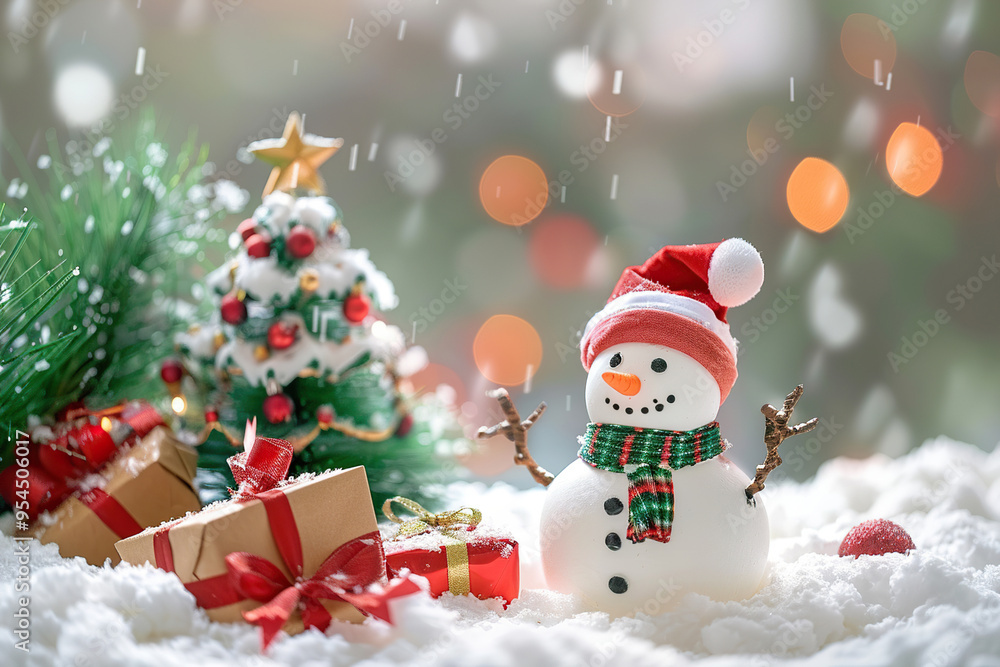 Christmas greeting card with bright winter holiday snowman and New Year background Christmas greeting card with bright winter holiday snowman and New Year background