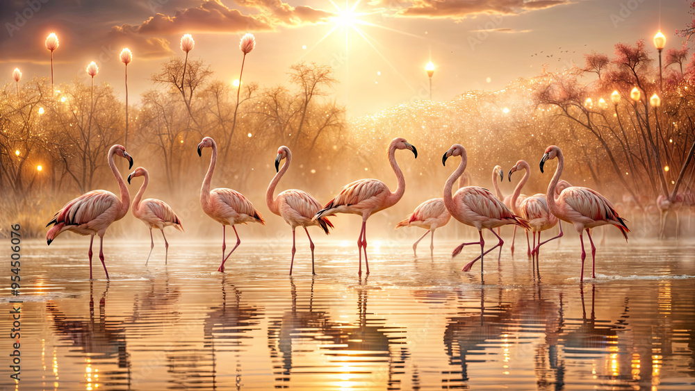 Obraz premium A group of elegant pink flamingos stands in shallow water of a peaceful lake at sunrise. Soft mist rolls across the surface as the sun rises, casting a warm glow