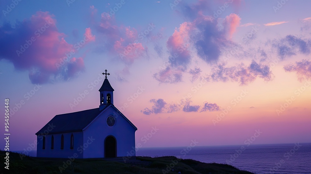 The silhouette of a church against the backdrop of the ocean, with a serene sky filled with soft, drifting clouds. The silhouette of a church against the backdrop of the ocean, with a serene sky filled with soft, drifting clouds.