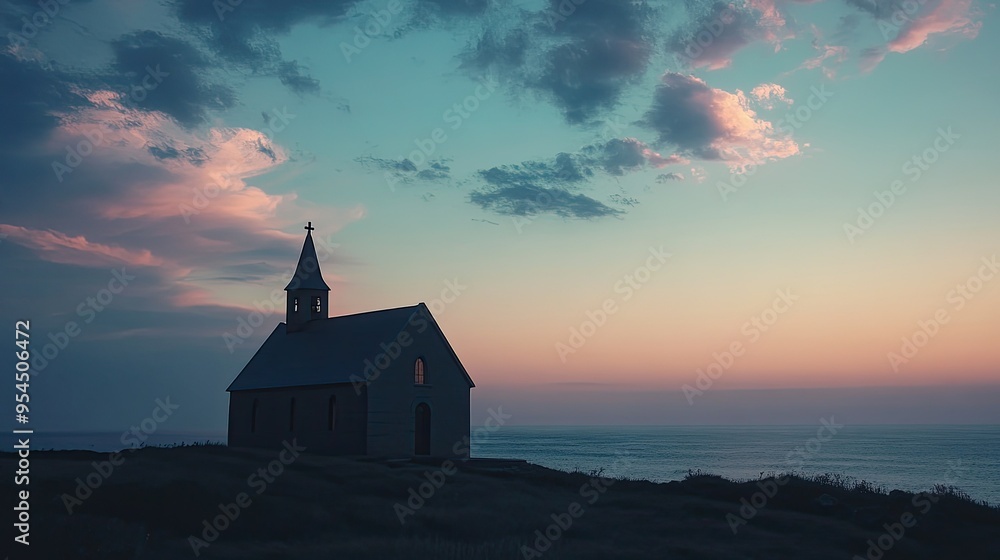 The silhouette of a church against the backdrop of the ocean, with a serene sky filled with soft, drifting clouds. The silhouette of a church against the backdrop of the ocean, with a serene sky filled with soft, drifting clouds.