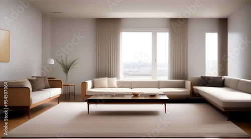 Contemporary living room interior with sofa, table, modern appliances, stylish design and ample natural light.