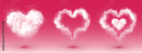 White cloud of heart shape. Realistic 3d vector illustration set of abstract magic fluffy smoke frame for love and romance Valentine day design. Dream vapor steam or cotton candy on pink background.